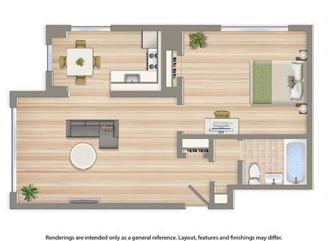 Floor plan for 1 bed, 1 bath, 524 sqft